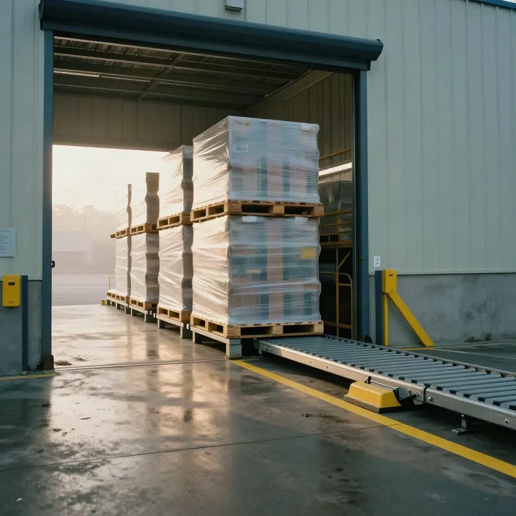 Transparant verpakte pallets op een rollenbaan in een nat distributiecentrum bij ochtendlicht.