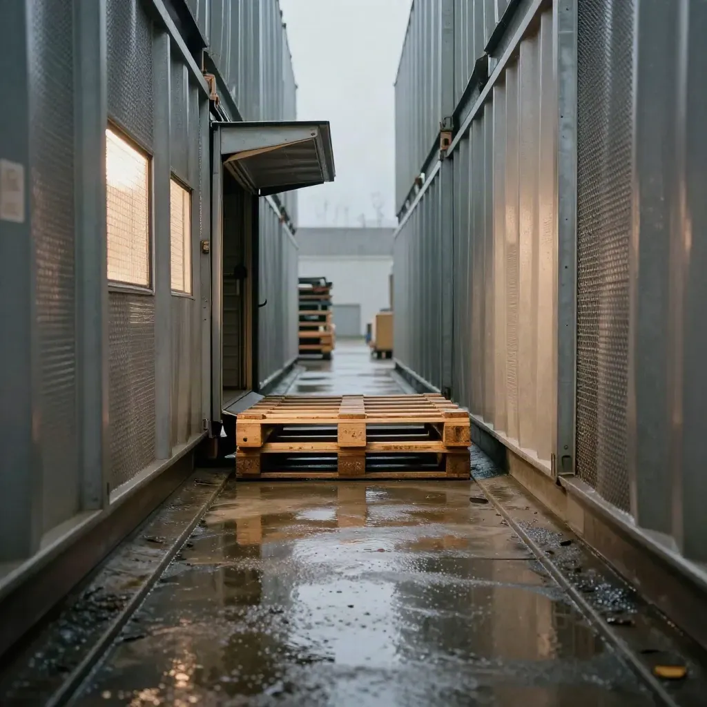 Natte overslaggang met rollcontainers, vastgelopen pallet en half geopende laadklep bij avondregen.