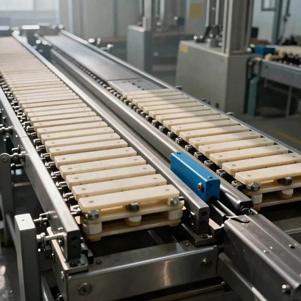 Extreme macro van twee parallelle productielijnen met buffers en metalen rails in een fabriekshal