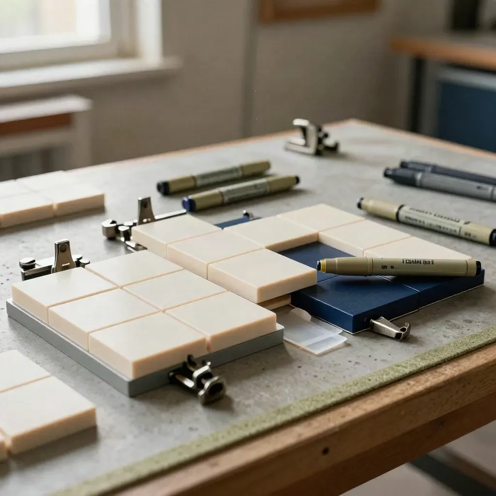 Workshoptafel met procesblokken, klemmen en markeertokens in zacht daglicht.
