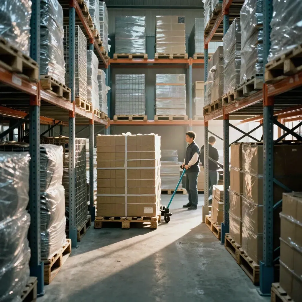 Stellinggang met vastgelopen palletstapel waar twee logistieke routes elkaar kruisen