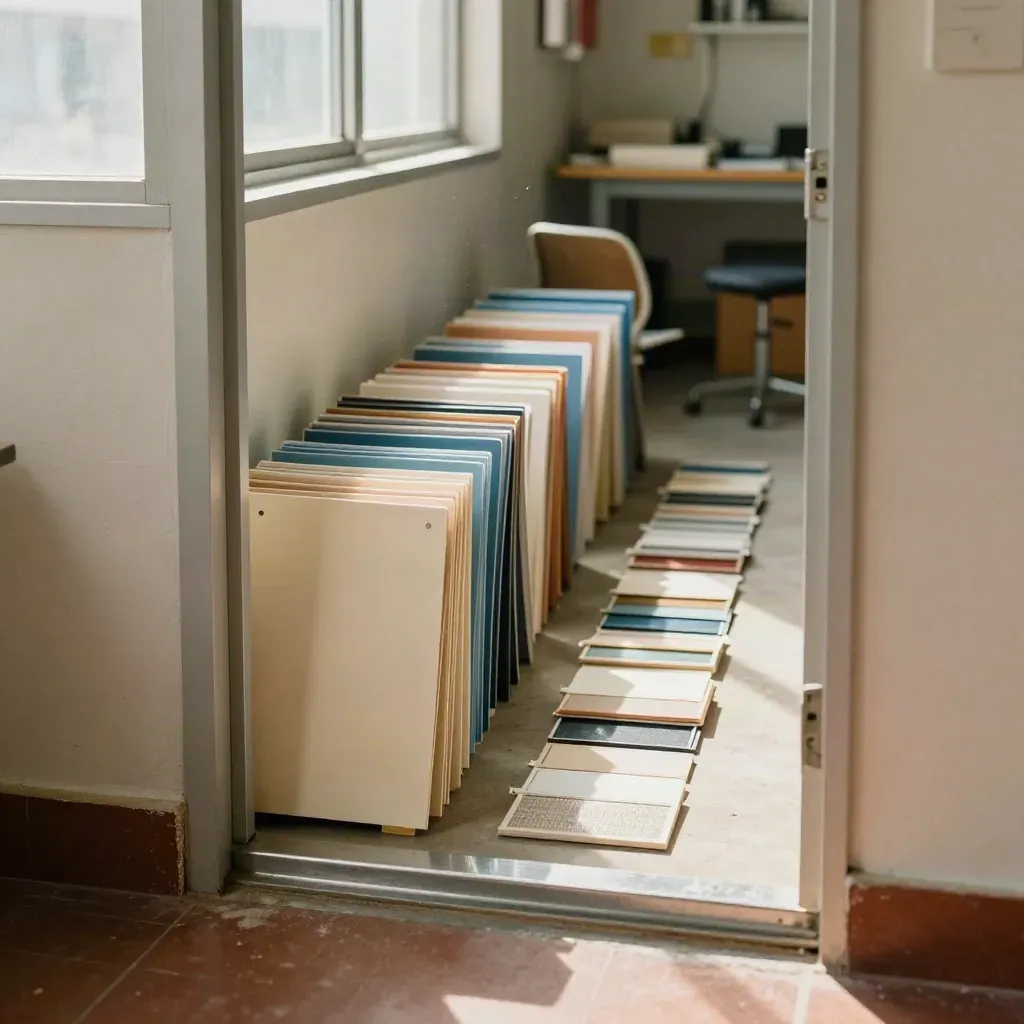 Projectruimte met mappen, stoelrand en materiaalroute naar de werkvloer in warm licht.