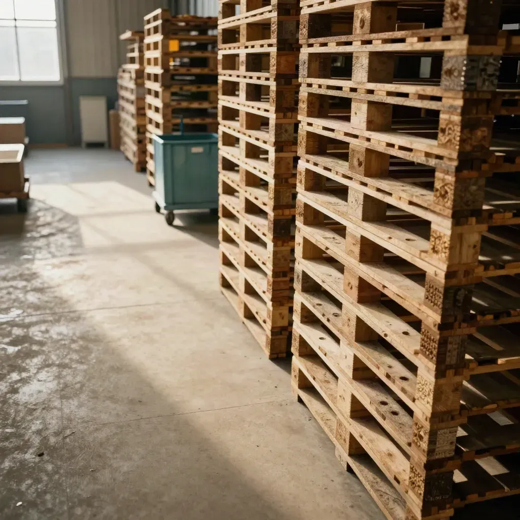 Hoge diagonale blik op een fabriekshal met open bufferzone, pallets en een vrijere looproute.