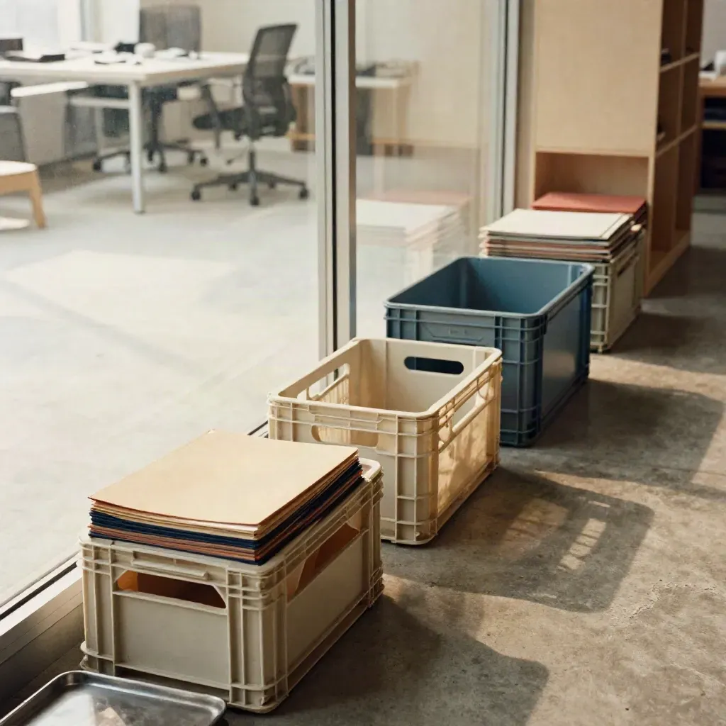 Planninghoek achter glas met mappen en kratten die doorlopen naar de werkvloer.
