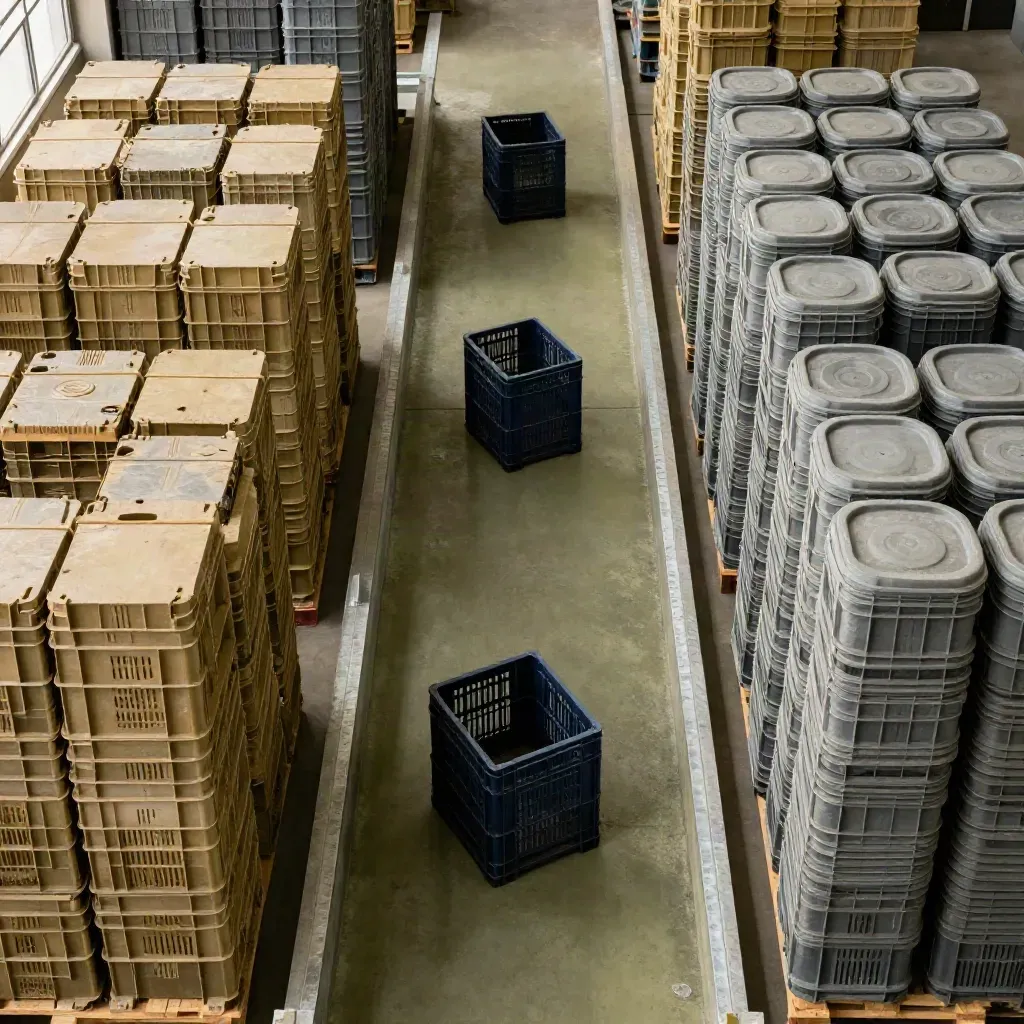 Bovenaanzicht van drie bufferzones met kratten, smalle doorgang en duidelijke wachttijdlagen.