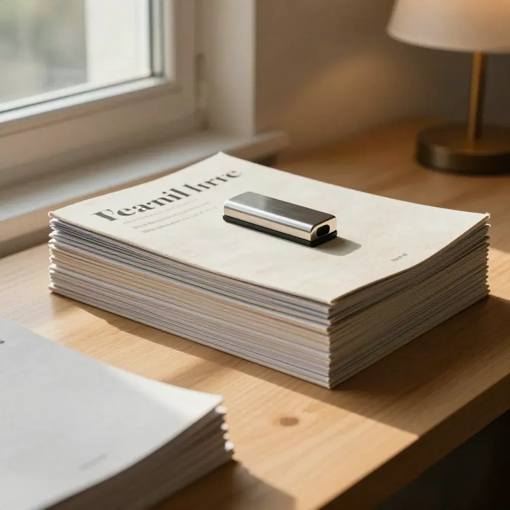 Stapel gebonden weekrapporten met grijze tabs en een stalen paperweight bij raamlicht op een houten tafel.