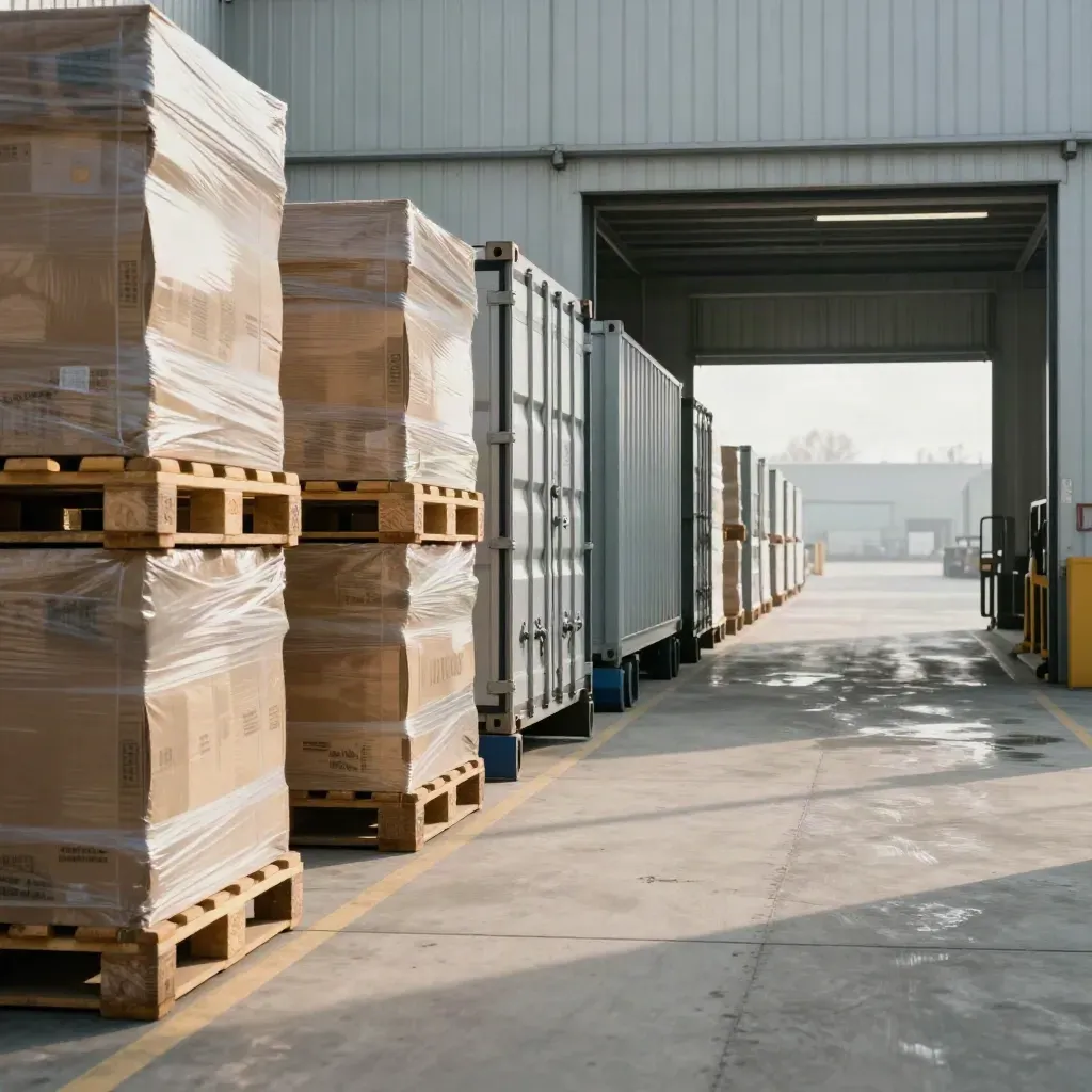 Laag perspectief in een magazijn met pallets, rolcontainers en open dock in lichte nevel.