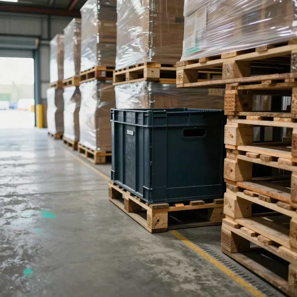 Donkerblauwe krat tussen pallets bij een laadklep, in een industriële bufferzone.
