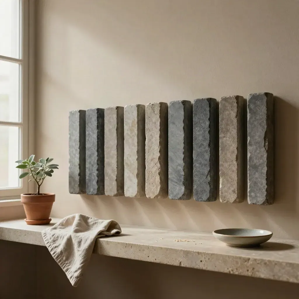 Twaalf matte blokjes naast plantje, linnen doek en schaaltje op lichte stenen plank.