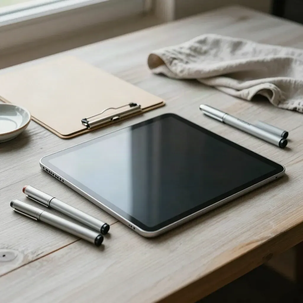 Donkere tablet, metalen klembord en aluminium markeringen op licht hout